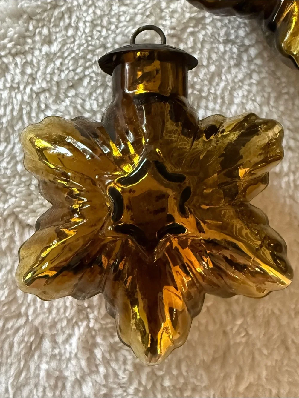 3 VTG Gold Orange Glass Star Snowflake Christmas Ornament Kugel Midwest Brass